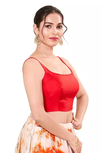 Tomato Pink Padded Brocade Square Neck Blouse