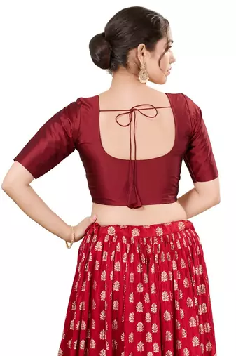 Dark Maroon Padded Brocade Round Neck Blouse