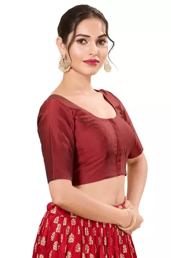 Dark Maroon Padded Brocade Round Neck Blouse