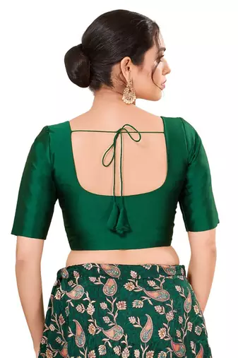 Green Padded Brocade Round Neck Blouse