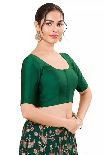 Green Padded Brocade Round Neck Blouse