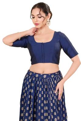 Navy Blue Padded Brocade Round Neck Blouse 1