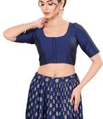 Navy Blue Padded Brocade Round Neck Blouse