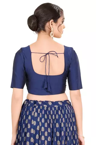 Navy Blue Padded Brocade Round Neck Blouse