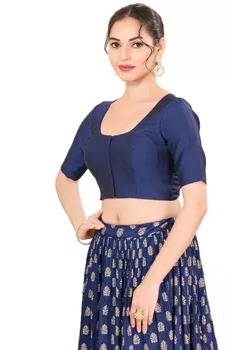 Navy Blue Padded Brocade Round Neck Blouse