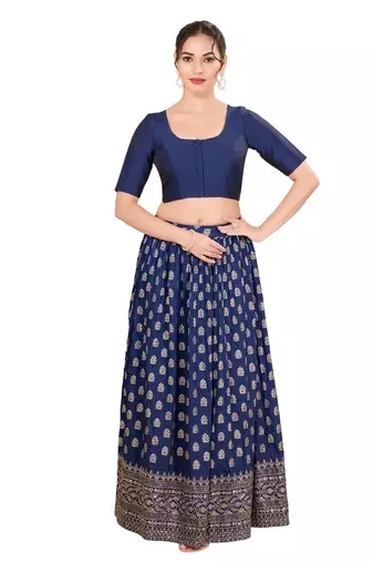 Navy Blue Padded Brocade Round Neck Blouse