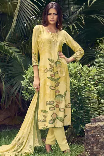 lemon yellow muslin digital printed dress material