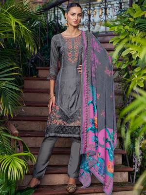grey muslin embroidered dress material 1