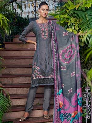 grey muslin embroidered dress material 2