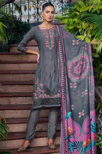 grey muslin embroidered dress material
