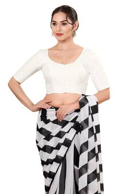 White Padded Brocade Round Neck Blouse 1