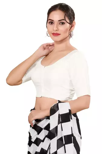 White Padded Brocade Round Neck Blouse