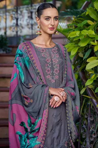 grey muslin embroidered dress material