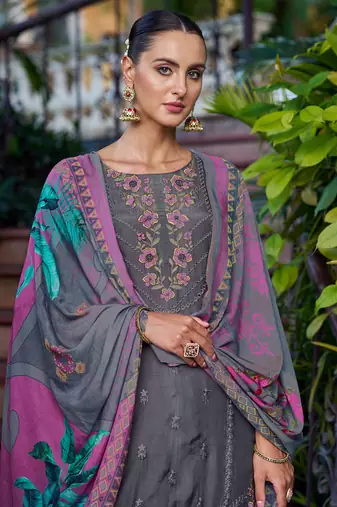 grey muslin embroidered dress material