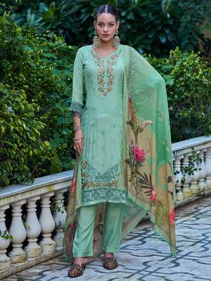 green muslin embroidered dress material 2