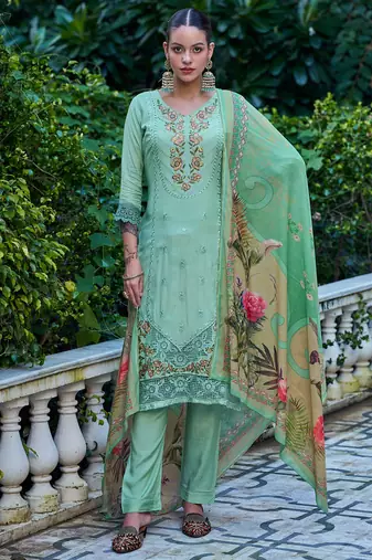green muslin embroidered dress material