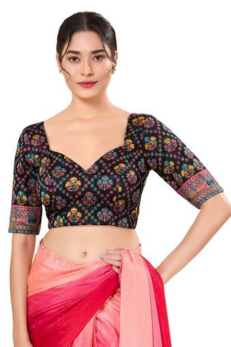 Black Padded Cotton Sweatheart Neck Blouse