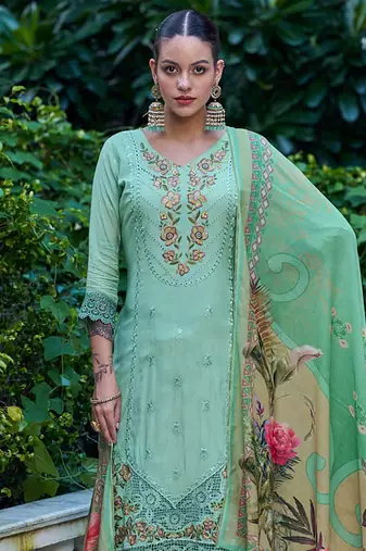 green muslin embroidered dress material