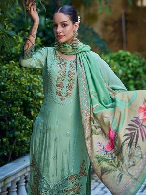 green muslin embroidered dress material 4