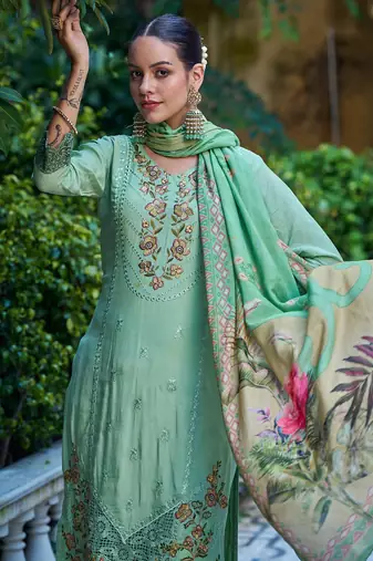 green muslin embroidered dress material