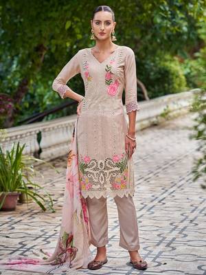 beige muslin embroidered dress material 1