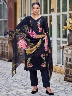 black muslin embroidered dress material 2