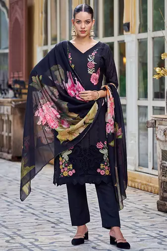 black muslin embroidered dress material