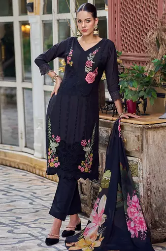 black muslin embroidered dress material