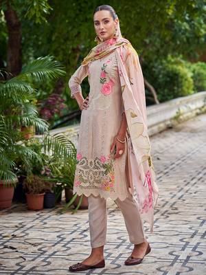 beige muslin embroidered dress material 2