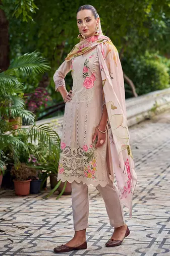 beige muslin embroidered dress material