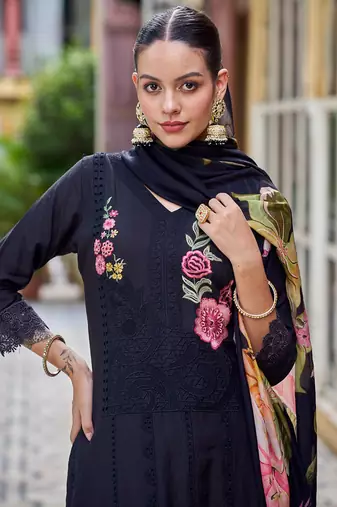 black muslin embroidered dress material