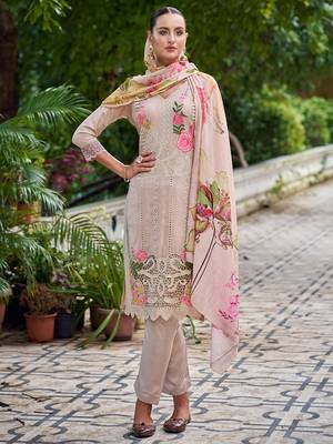 beige muslin embroidered dress material 3