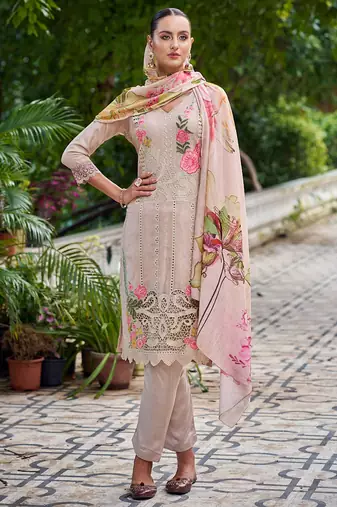 beige muslin embroidered dress material