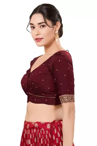 Dark Maroon Padded Silk Sweatheart Neck Blouse