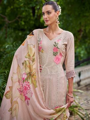 beige muslin embroidered dress material 4