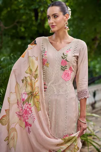 beige muslin embroidered dress material