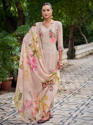 beige muslin embroidered dress material 5