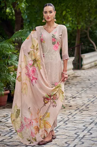 beige muslin embroidered dress material