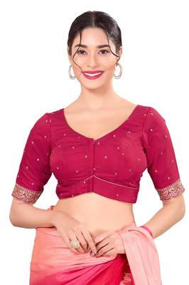 Tomato Pink Padded Silk Sweatheart Neck Blouse 1