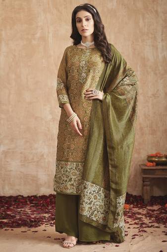 olive green tissue shimmer digital printed dress material