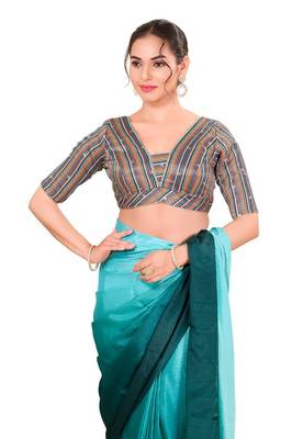 Blue Multi Padded Brocade V Neck Blouse 1