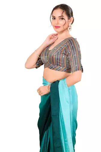 Blue Multi Padded Brocade V Neck Blouse