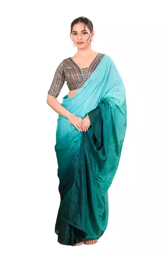 Blue Multi Padded Brocade V Neck Blouse