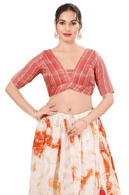 Orange Multi Padded Brocade V Neck Blouse 1