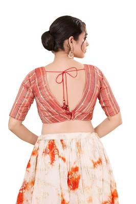 Orange Multi Padded Brocade V Neck Blouse 2