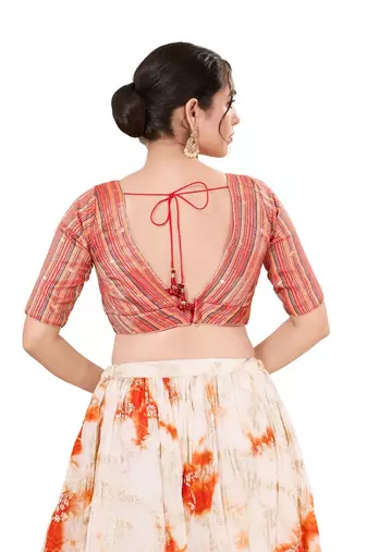 Orange Multi Padded Brocade V Neck Blouse