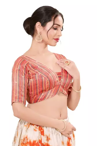 Orange Multi Padded Brocade V Neck Blouse