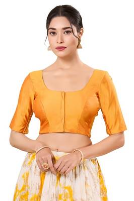 Mustard Padded Taffeta Silk Round Neck Blouse 1