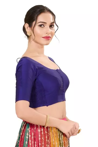Royal Blue Padded Taffeta Silk Round Neck Blouse