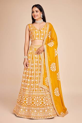 Mustard Faux Georgette Embroidered Lehenga Choli